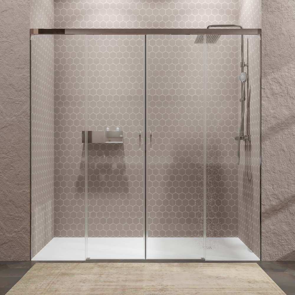 Mampara de ducha TECH STEEL frontal 2 fijos - 2 puertas correderas vidrio 8 mm. ACERO INOXIDABLE