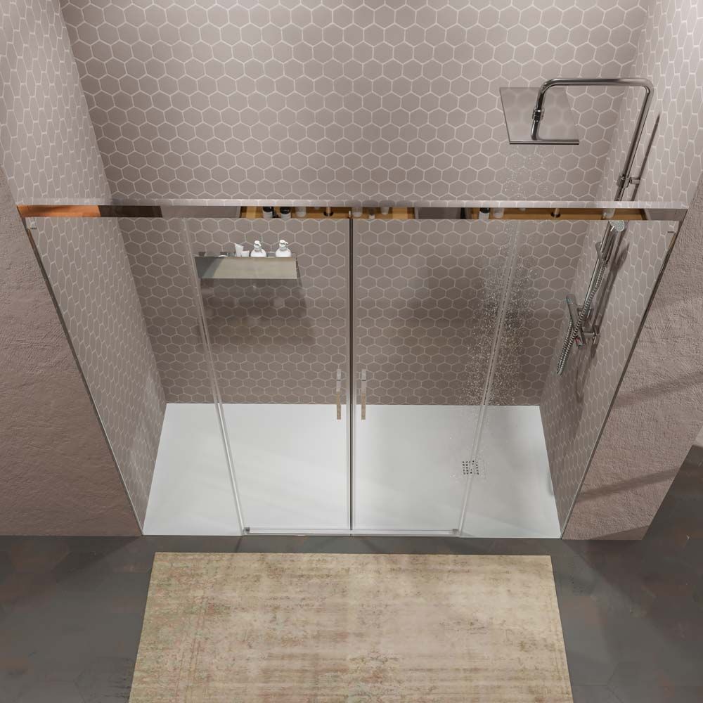 Mampara de ducha TECH STEEL frontal 2 fijos - 2 puertas correderas vidrio 8 mm. ACERO INOXIDABLE - Imagen 3