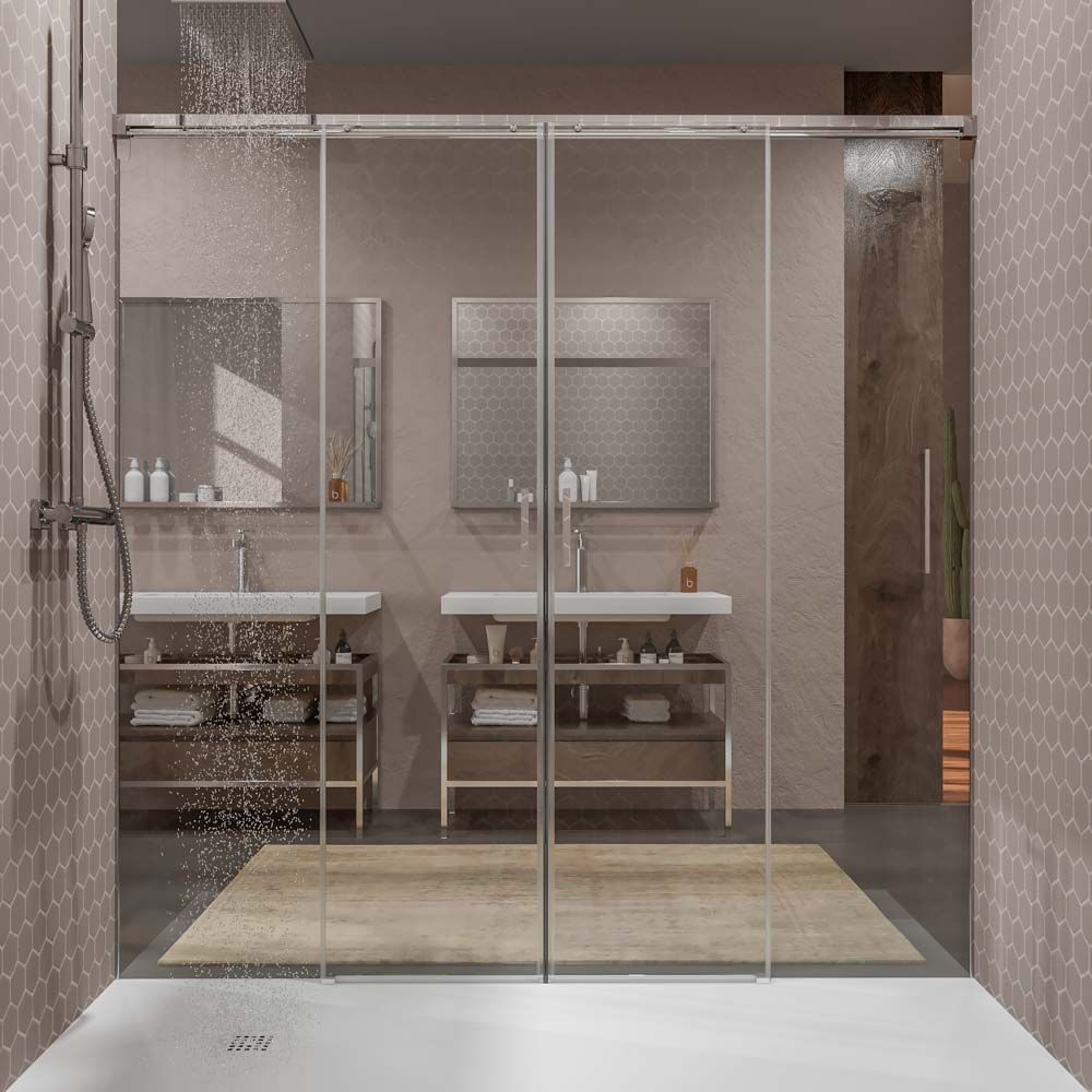 Mampara de ducha TECH STEEL frontal 2 fijos - 2 puertas correderas vidrio 8 mm. ACERO INOXIDABLE - Imagen 4