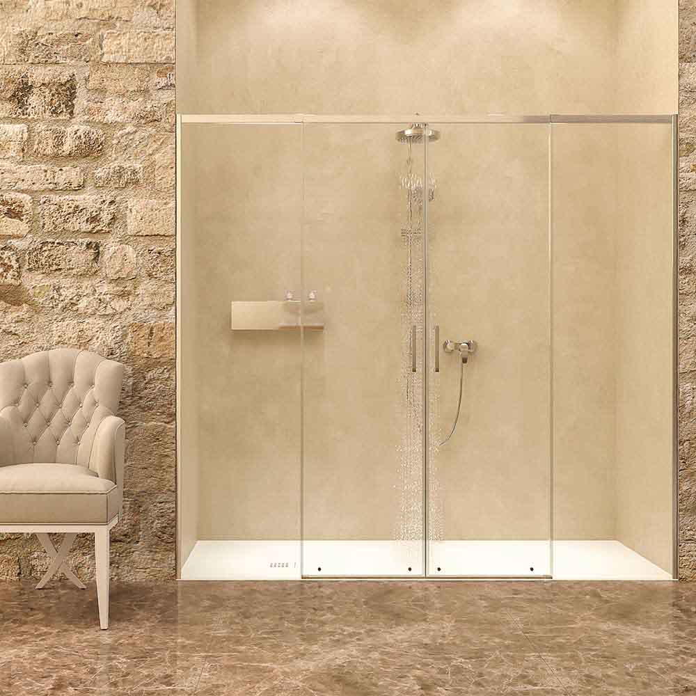 Mampara de ducha AXER frontal 2 fijos - 2 puertas correderas vidrio 6 mm. ACERO INOXIDABLE