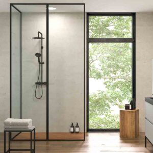 Fijo de
  ducha a techo LINE con perfileria enmarcada 3 cuerpos - Vidrio 4 MM con
  tratamiento anti-cal incluido- Brazo sujeción acero inox