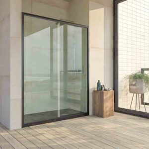 Mampara de ducha frontal TEMPO 1 fijo -1 puerta corredera. Acabado NEGRO MATE