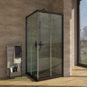 Mampara de ducha cuadrada TEMPO apertura angular 2 fijos-2 puertas correderas. Con tratamiento anti-cal.Acabado NEGRO MATE