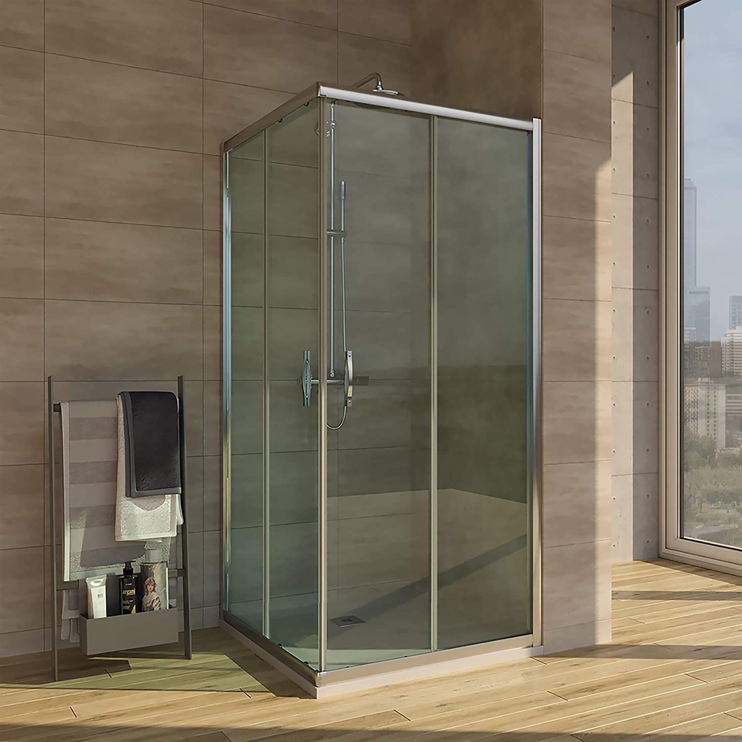 Mampara de ducha cuadrada TEMPO apertura angular 2 fijos-2 puertas correderas. Con tratamiento anti-cal.Acabado CROMO BRILLO.