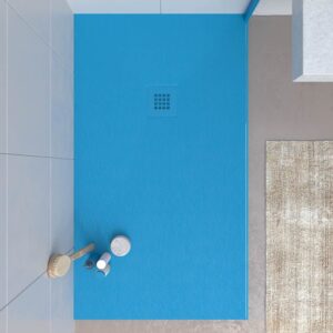 Plato ducha resina CLOE Azul Cobalto RAL 5012 con textura pizarra antibacteriano y antideslizante. Rejilla termolacada