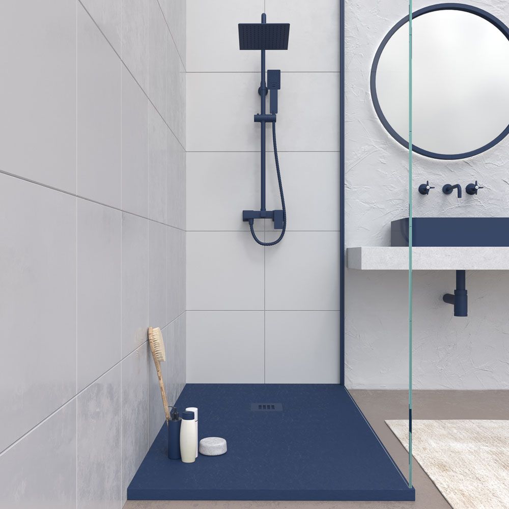 Plato ducha resina CLOE Azul Neón RAL 5013 con textura pizarra antibacteriano y antideslizante. Rejilla termolacada - Imagen 3