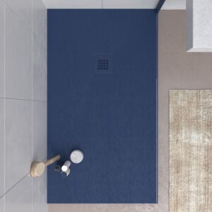Plato ducha resina CLOE Azul Neón RAL 5013 con textura pizarra antibacteriano y antideslizante. Rejilla termolacada