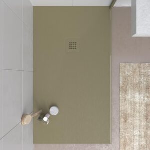 Plato ducha resina CLOE Musgo RAL 6013 con textura pizarra antibacteriano y antideslizante. Rejilla termolacada