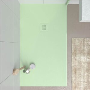 Plato ducha resina CLOE Ópalo RAL 6019 con textura pizarra antibacteriano y antideslizante. Rejilla termolacada