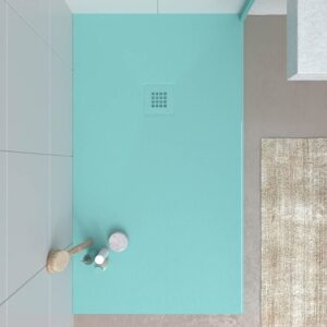 Plato ducha resina CLOE Turquesa RAL 6027 con textura pizarra antibacteriano y antideslizante. Rejilla termolacada