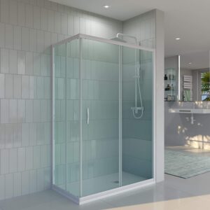 Mampara de ducha rectangular TEMPO apertura angular 2 fijos-2 puertas correderas. Con tratamiento anti-cal. Acabado BLANCO MATE