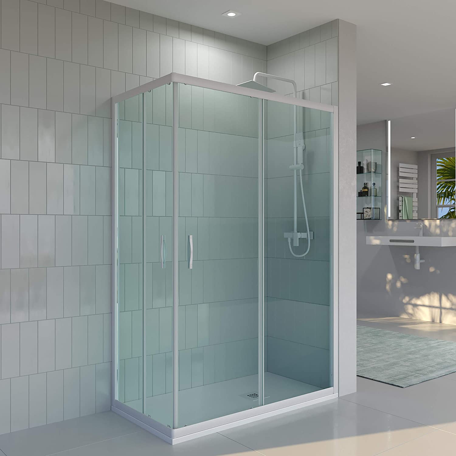 Mampara de ducha rectangular TEMPO apertura angular 2 fijos-2 puertas correderas. Con tratamiento anti-cal. Acabado BLANCO MATE