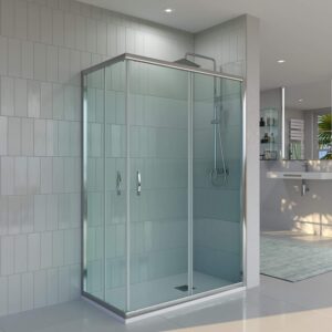 Mampara de ducha rectangular TEMPO apertura angular 2 fijos-2 puertas correderas. Con tratamiento anti-cal.Acabado CROMO BRILLO