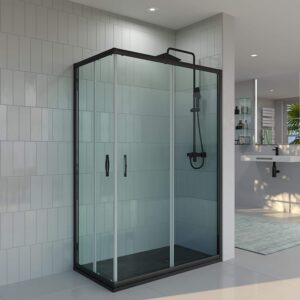 Mampara de ducha rectangular TEMPO apertura angular 2 fijos-2 puertas correderas. Vidrio transparente con tratamiento anti-cal. Acabado negro mate