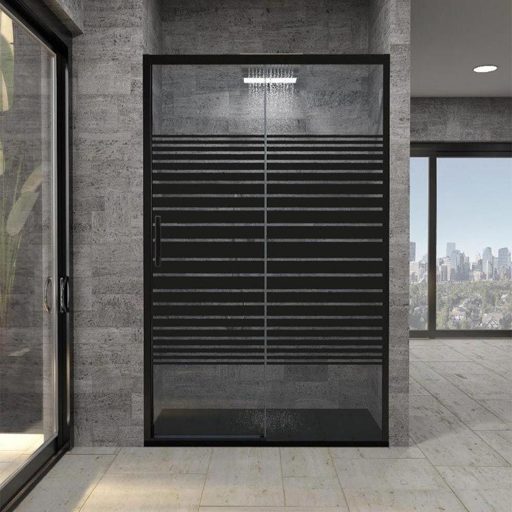 Mampara de ducha frontal FLARE 1 fijo -1 puerta corredera serigrafiada. Sin perfil inferior. Acabado NEGRO MATE - Imagen 4