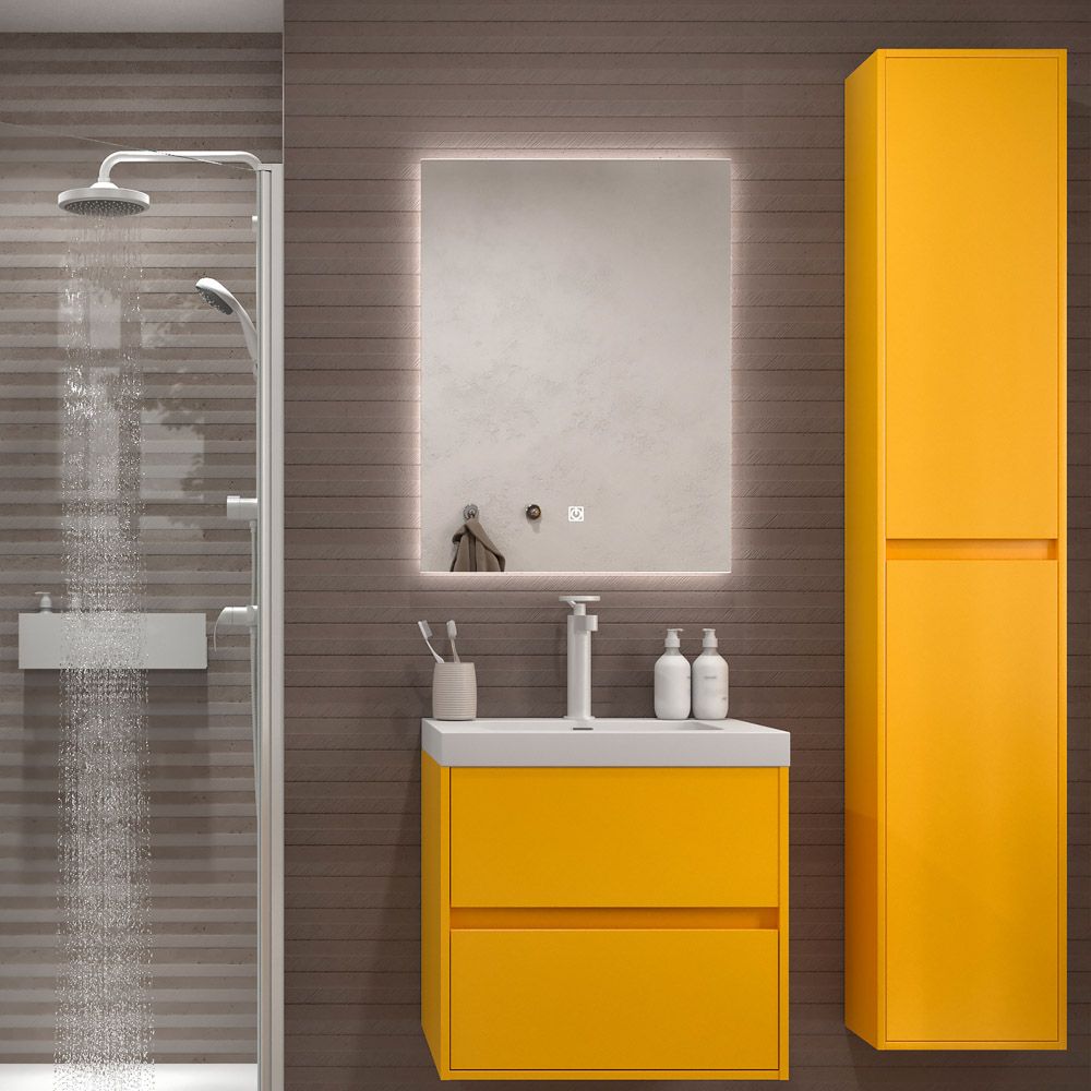 Mueble de baño suspendido 2 cajones CARMEN con lavabo resina acabado MUSTARD