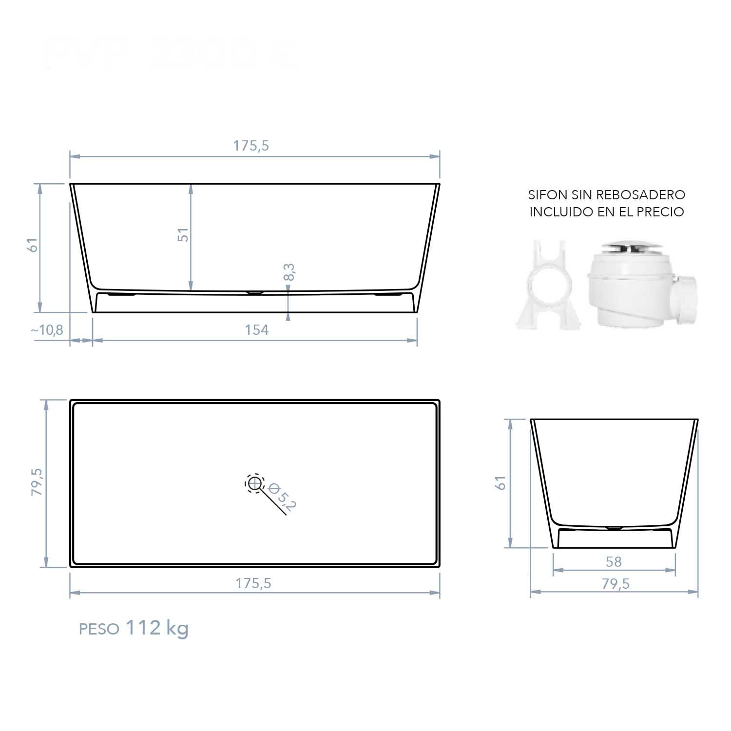 Bañera exenta ANNA rectangular solid surface 175x79.5 cm - Imagen 8