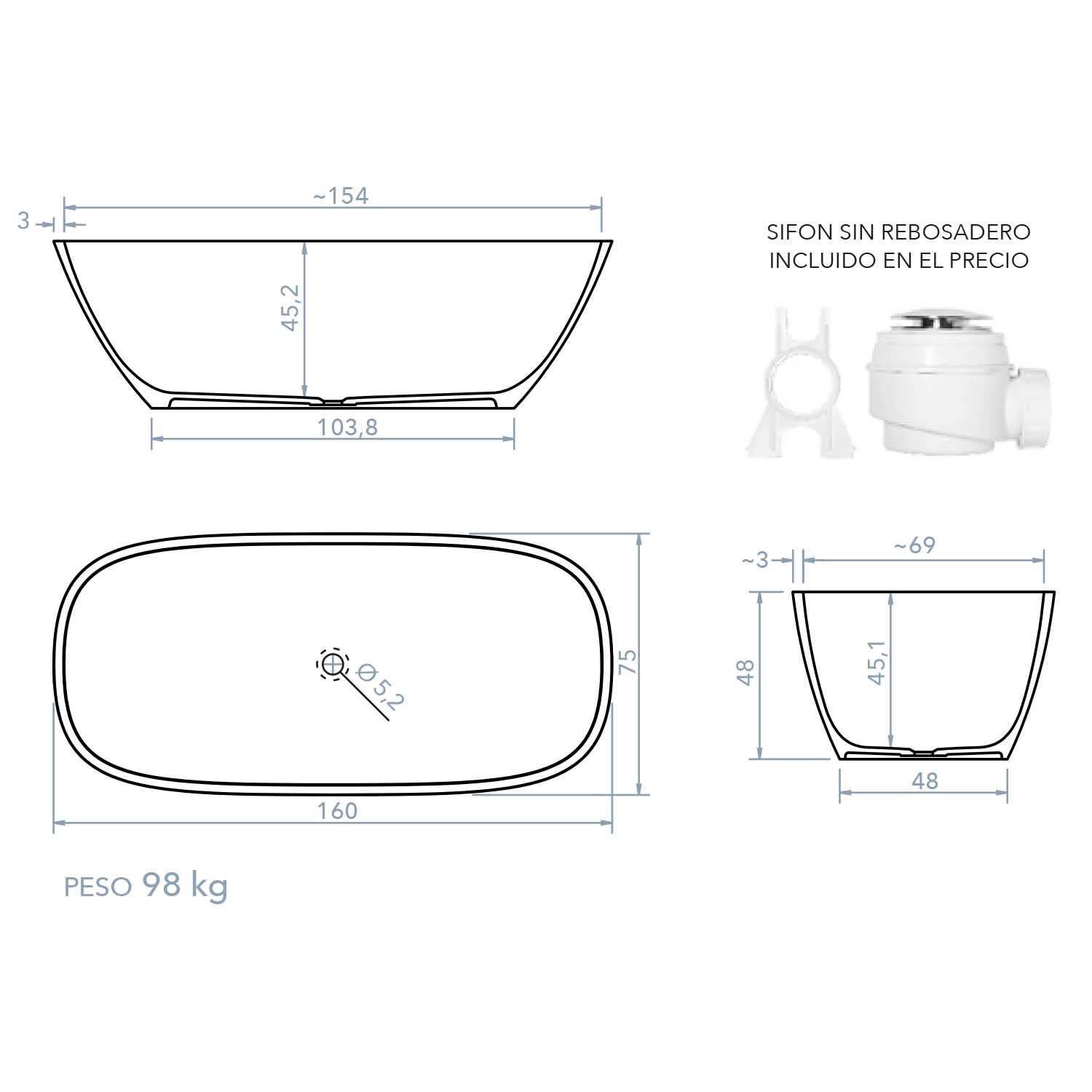 Bañera exenta CAPRI ovalada solid surface 160x75 - Imagen 8