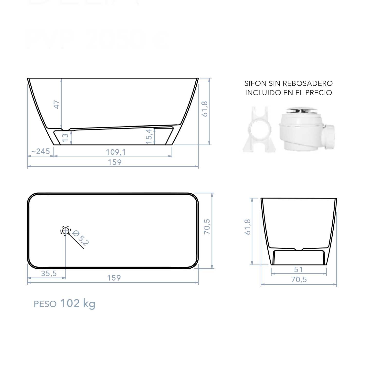 Bañera exenta CARLOTTA rectangular solid surface 159x70.5 - Imagen 8