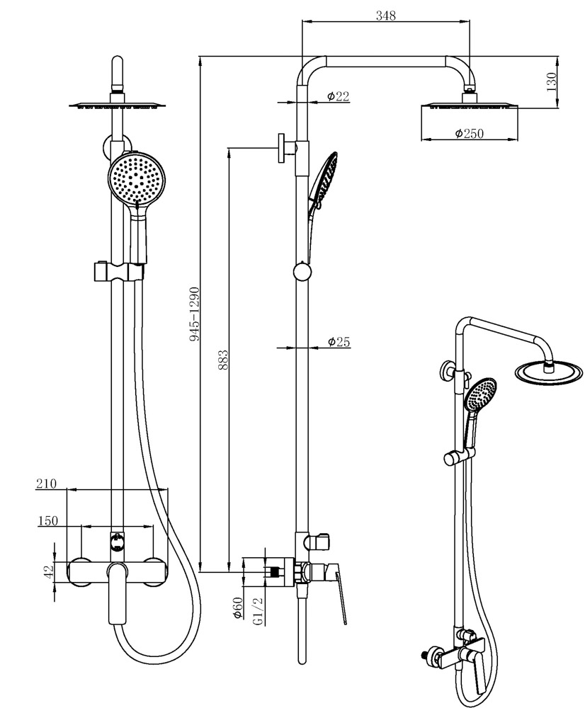 Conjunto de Ducha Monomando GLORY Oro Cepillado - Imagen 2