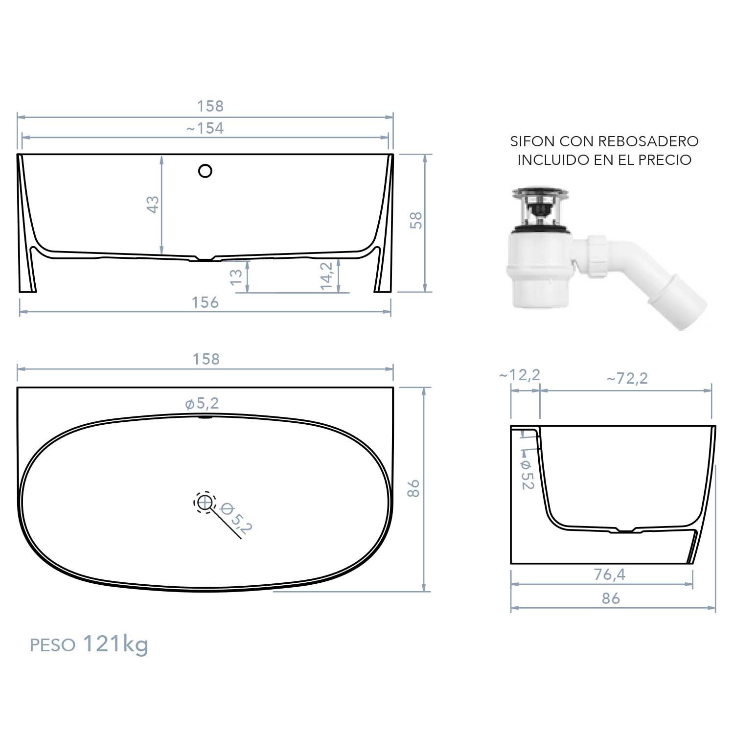 Bañera exenta COUVE ovalada solid surface 158x86 cm - Imagen 8