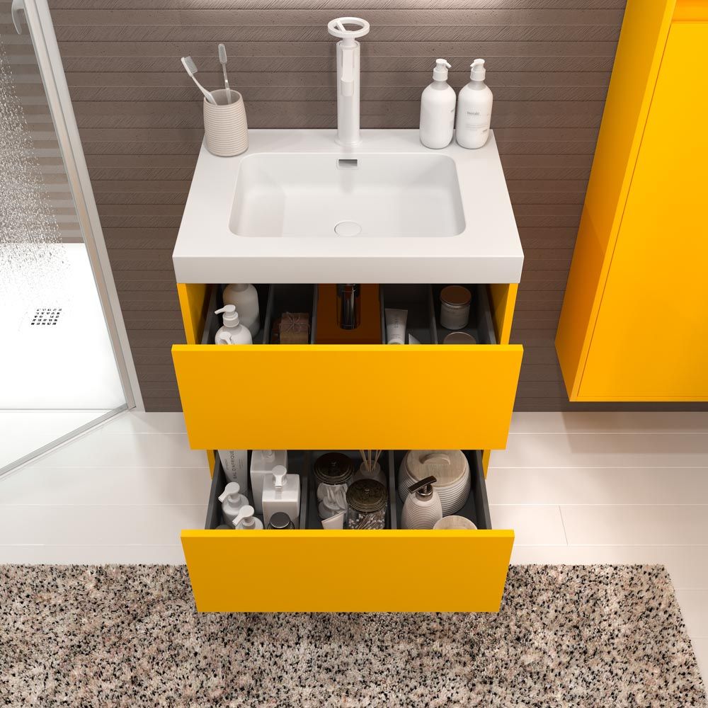Mueble de baño suspendido 2 cajones CARMEN con lavabo resina acabado MUSTARD - Imagen 5