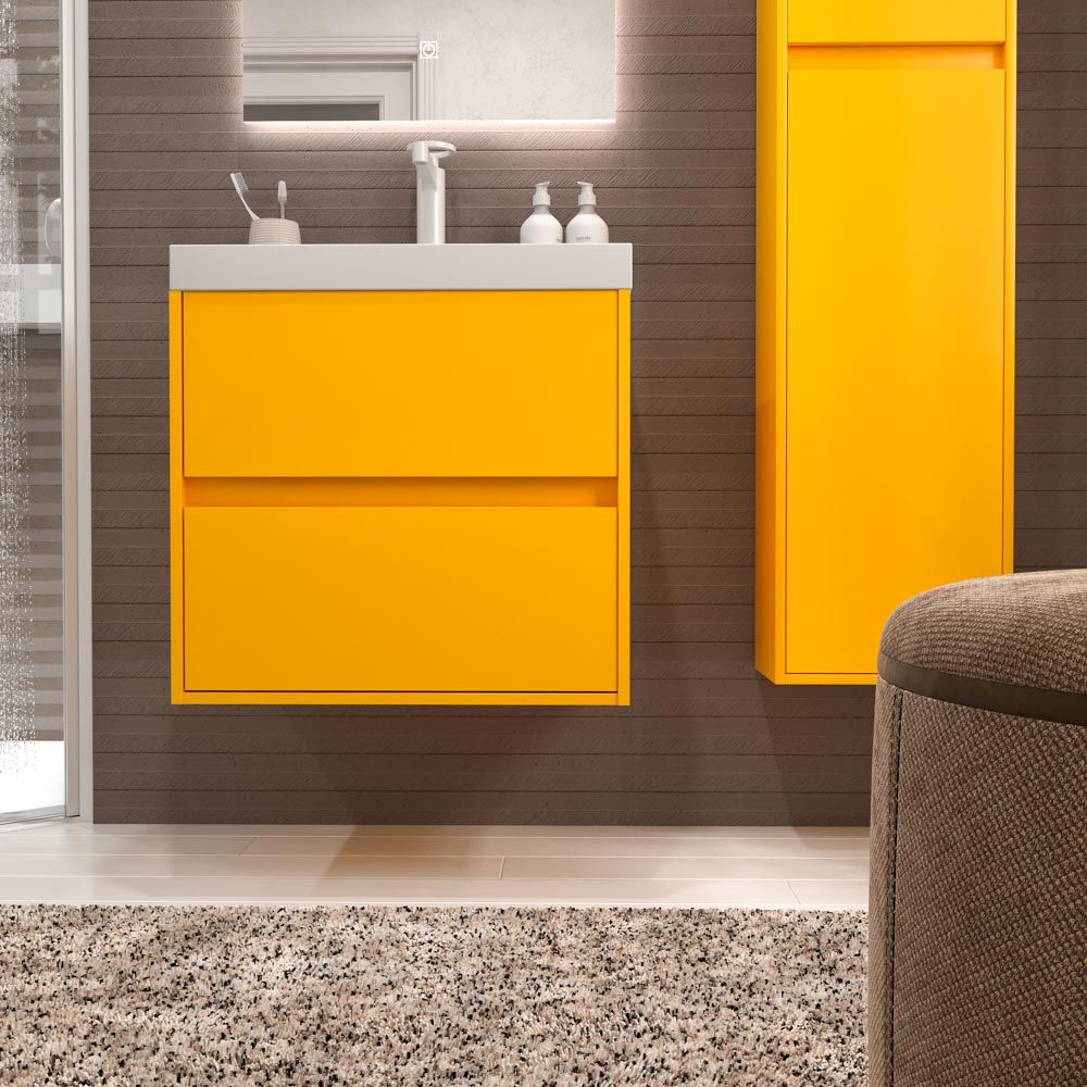 Mueble de baño suspendido 2 cajones CARMEN con lavabo resina acabado MUSTARD - Imagen 6