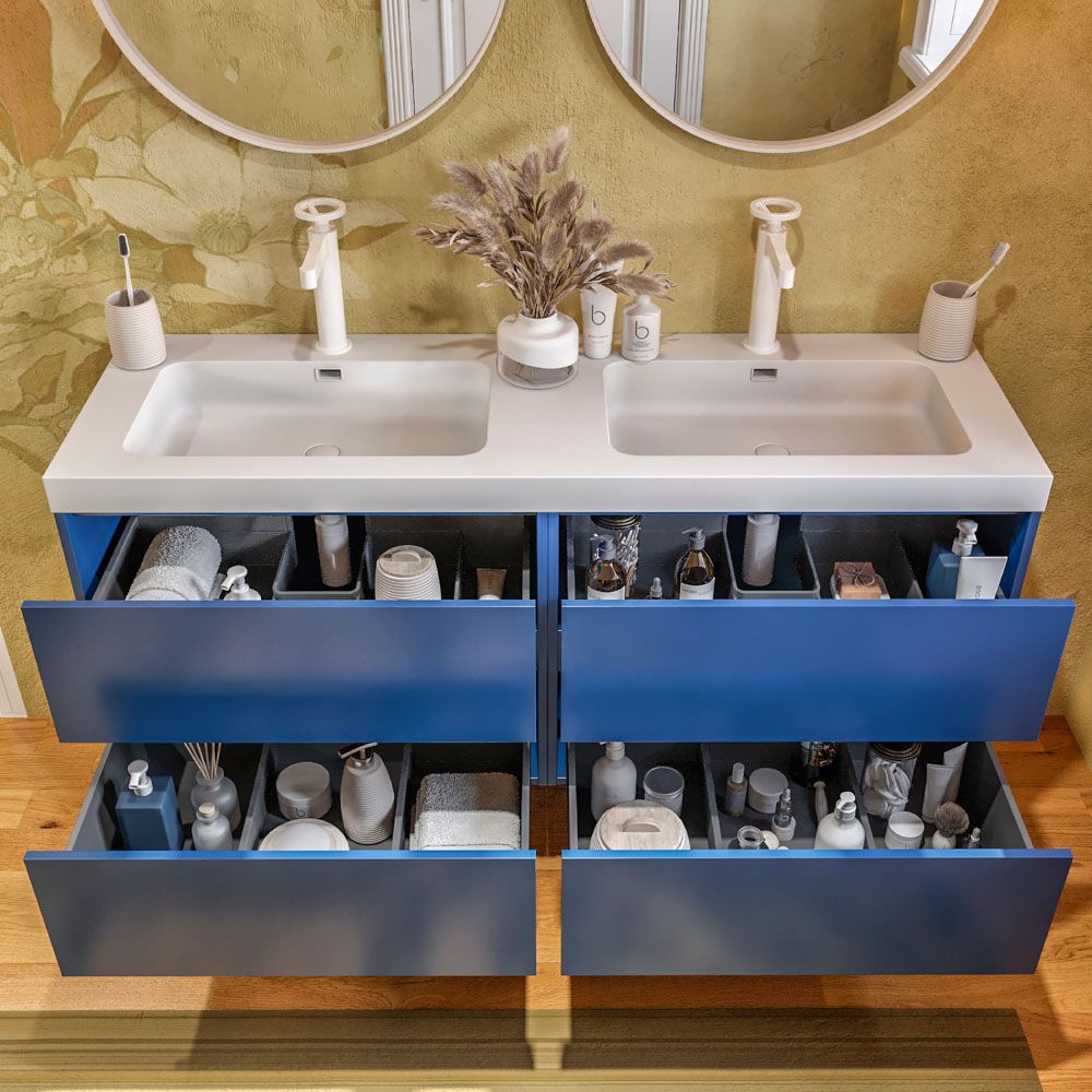 Mueble de baño suspendido 120 cm 4 cajones CARMEN con lavabo doble 2 senos resina acabado AZUL COBALTO - Imagen 7