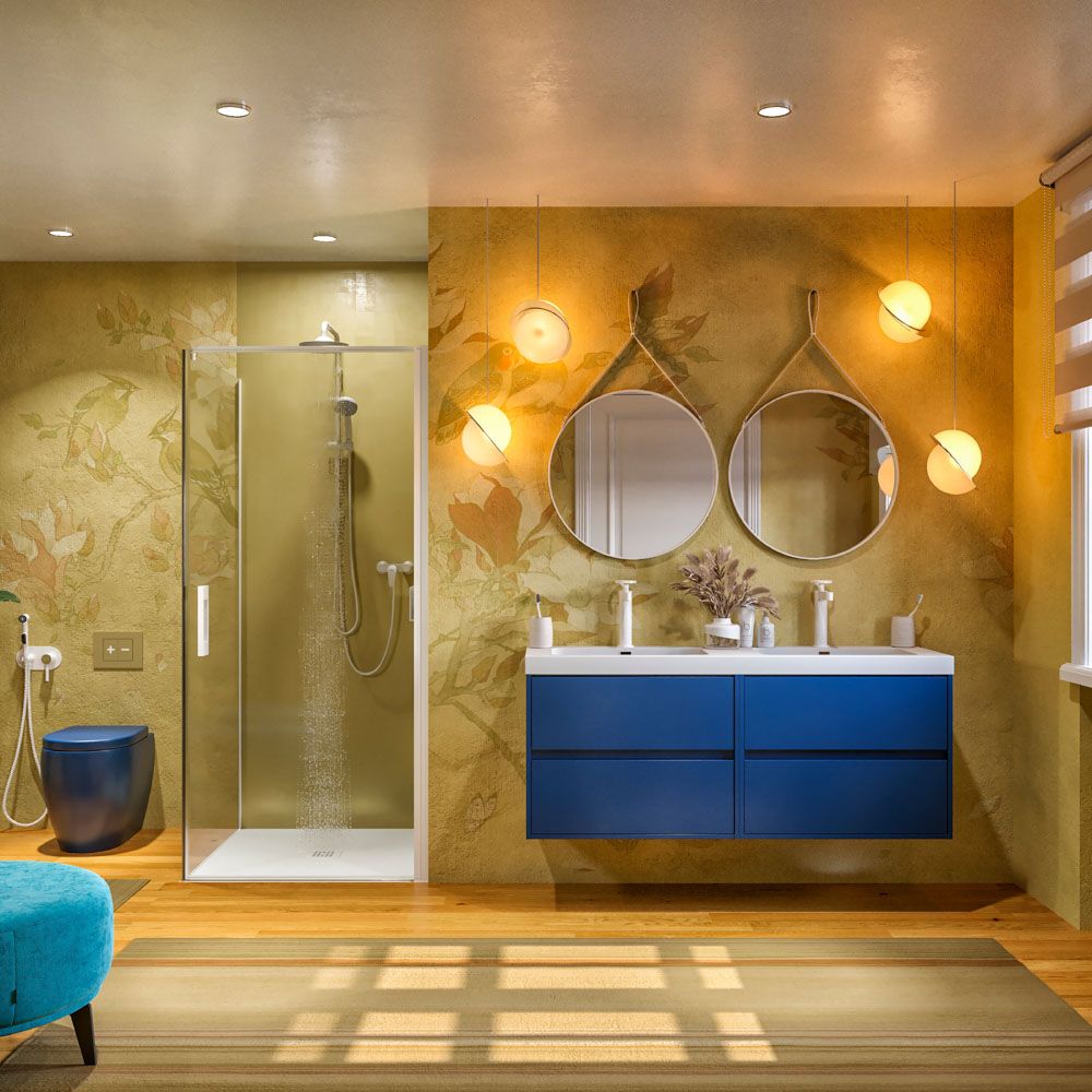 Mueble de baño suspendido 120 cm 4 cajones CARMEN con lavabo doble 2 senos resina acabado AZUL COBALTO - Imagen 6