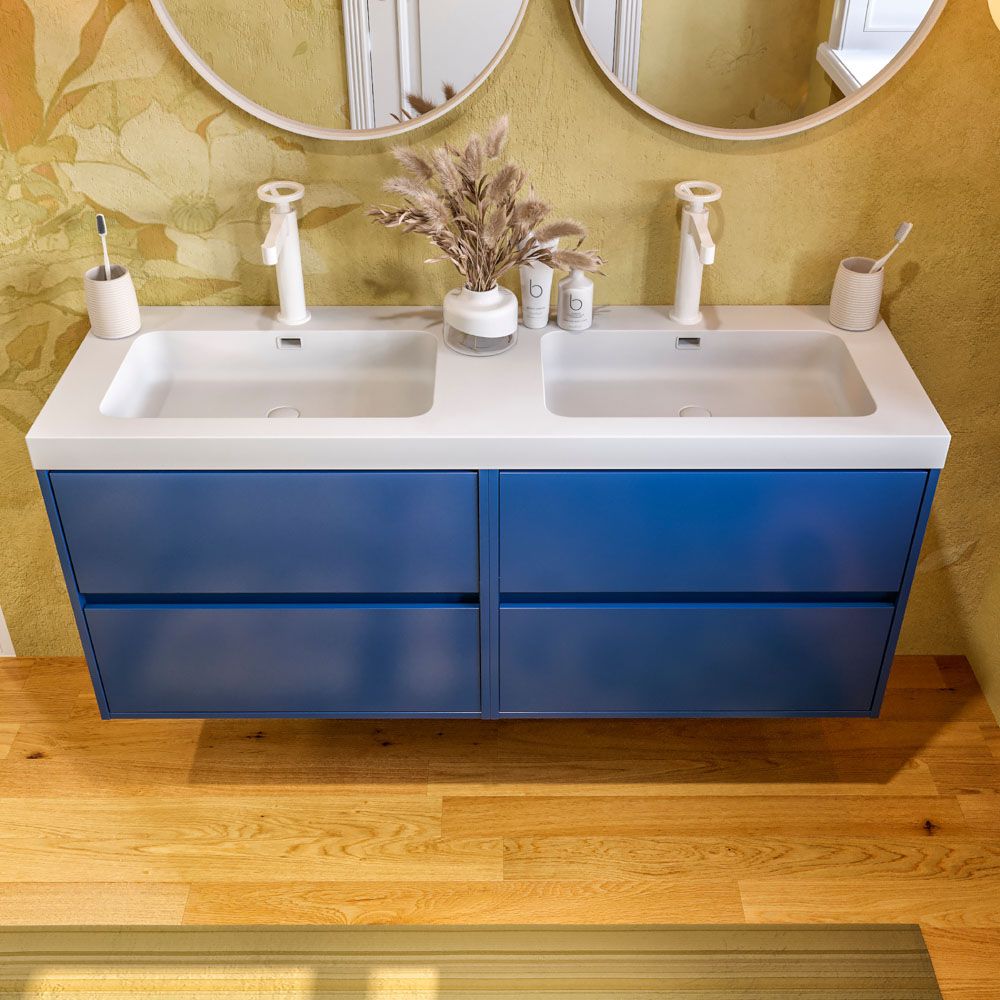 Mueble de baño suspendido 120 cm 4 cajones CARMEN con lavabo doble 2 senos resina acabado AZUL COBALTO - Imagen 4