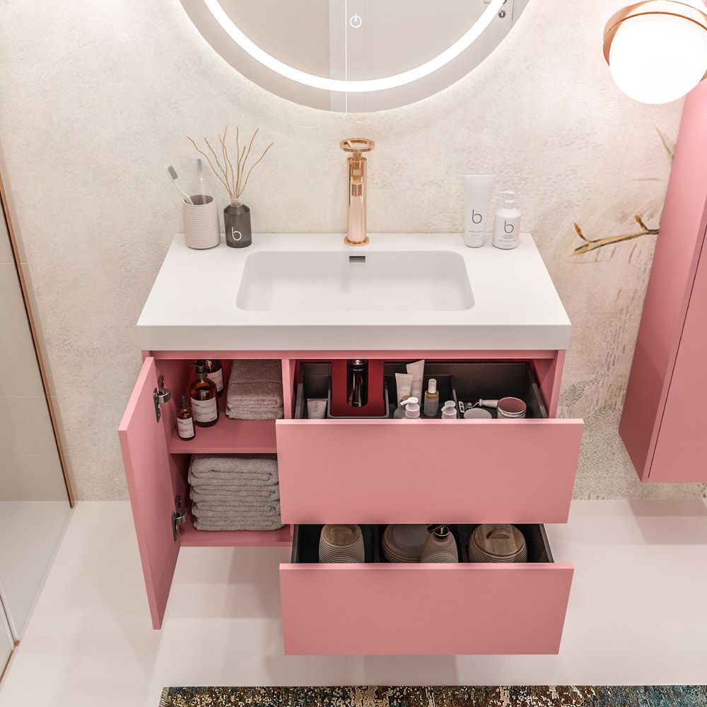 Mueble de baño suspendido 2 cajones / 1 puerta CARMEN con lavabo resina acabado ROSA PALO - Imagen 2