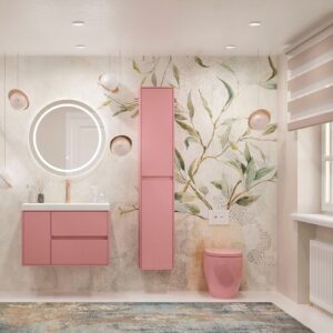 Mueble de baño suspendido 2 cajones / 1 puerta CARMEN con lavabo resina acabado ROSA PALO