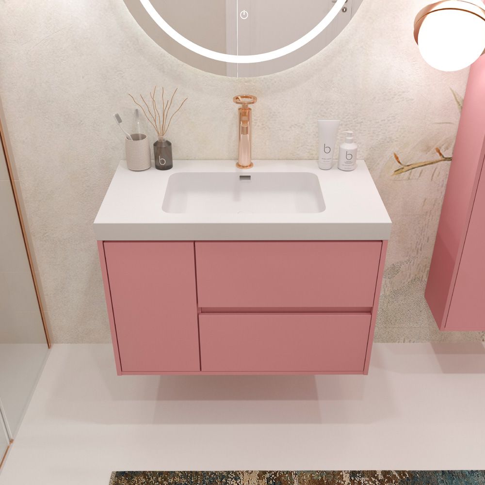 Mueble de baño suspendido 2 cajones / 1 puerta CARMEN con lavabo resina acabado ROSA PALO - Imagen 3