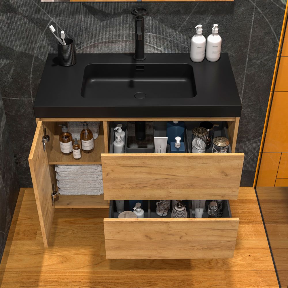 Mueble de baño suspendido 2 cajones / 1 puerta CARMEN con lavabo resina acabado ROBLE CLARO - Imagen 2