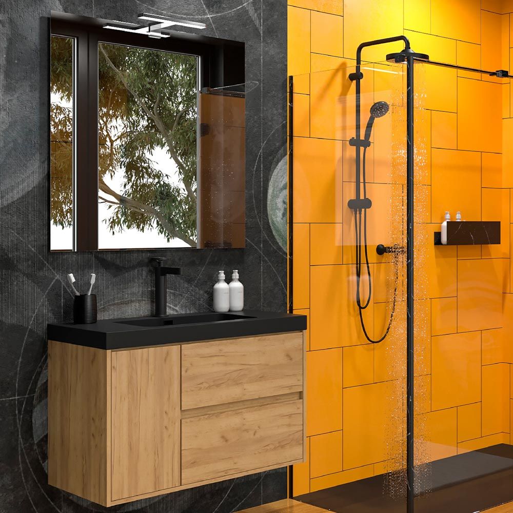 Mueble de baño suspendido 2 cajones / 1 puerta CARMEN con lavabo resina acabado ROBLE CLARO