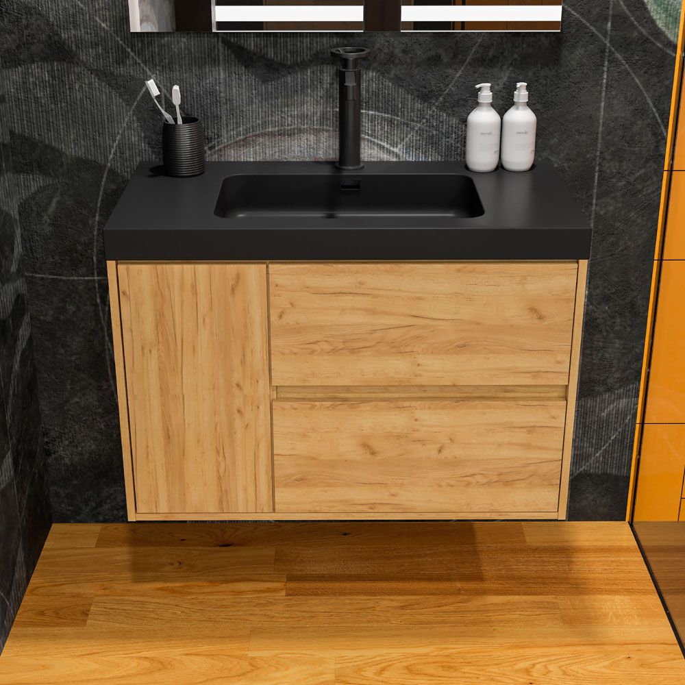 Mueble de baño suspendido 2 cajones / 1 puerta CARMEN con lavabo resina acabado ROBLE CLARO - Imagen 3