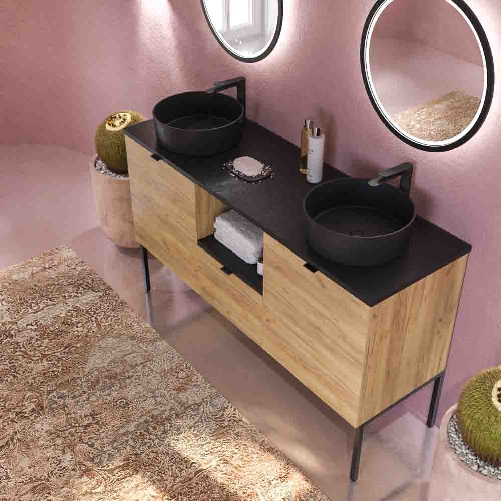 Mueble de baño ELLA con patas 1 cajón - 2 puertas con tapa SOLID SURFACE acabado ROBLE CLARO - Imagen 5