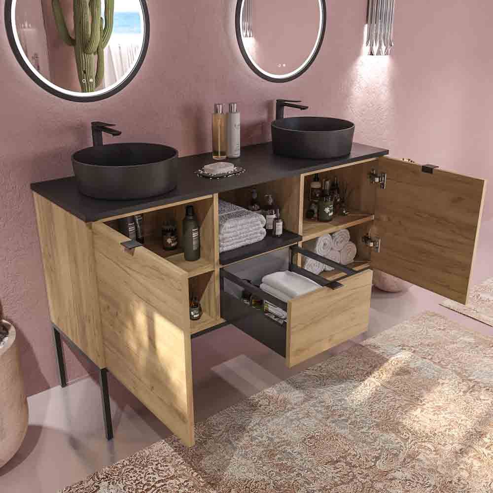 Mueble de baño ELLA con patas 1 cajón - 2 puertas con tapa SOLID SURFACE acabado ROBLE CLARO - Imagen 4