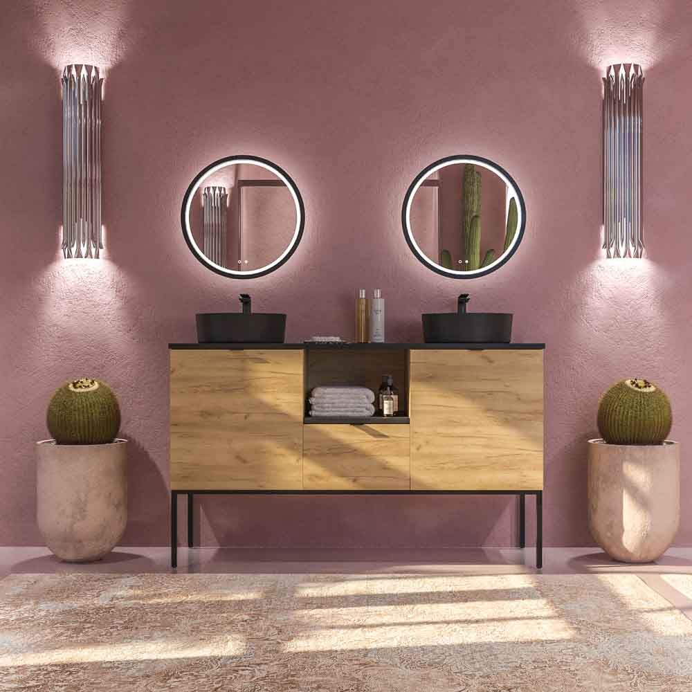 Mueble de baño ELLA con patas 1 cajón - 2 puertas con tapa SOLID SURFACE acabado ROBLE CLARO