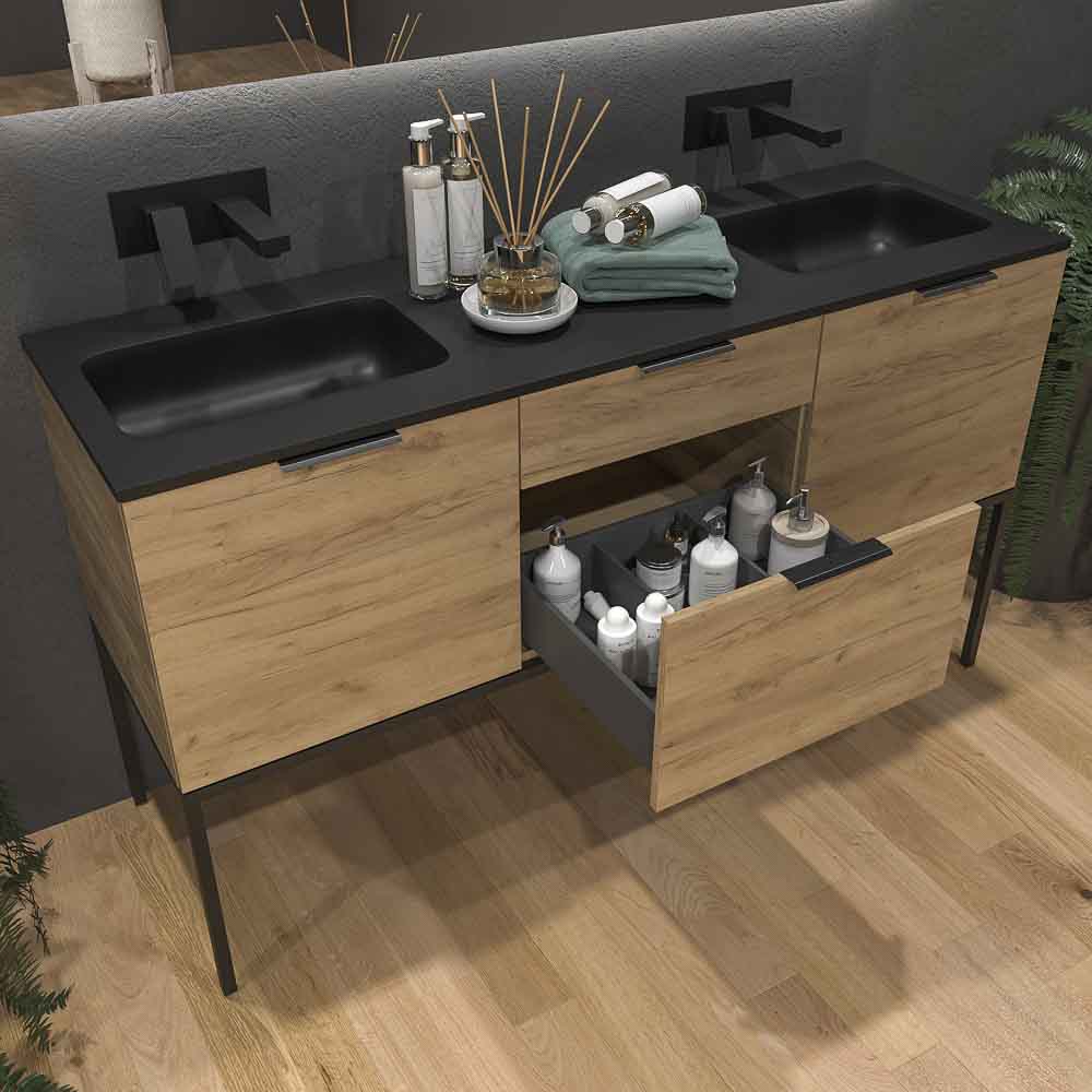 Mueble de baño ELLA con patas 2 cajones - 2 puertas con encimera SOLID SURFACE 2 senos ROBLE CLARO - Imagen 4