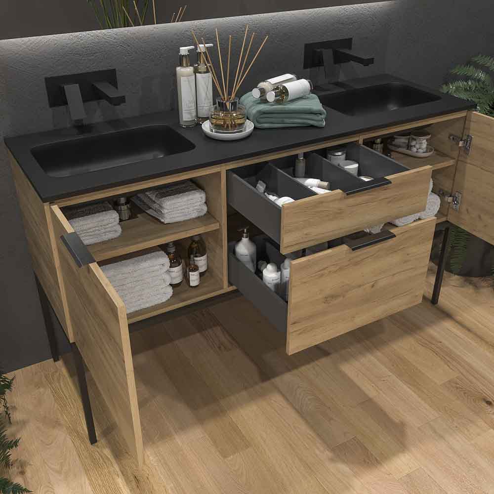 Mueble de baño ELLA con patas 2 cajones - 2 puertas con encimera SOLID SURFACE 2 senos ROBLE CLARO - Imagen 2