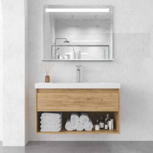 Mueble de baño suspendido 1 cajón / 1 hueco CARMEN con lavabo resina acabado ROBLE CLARO