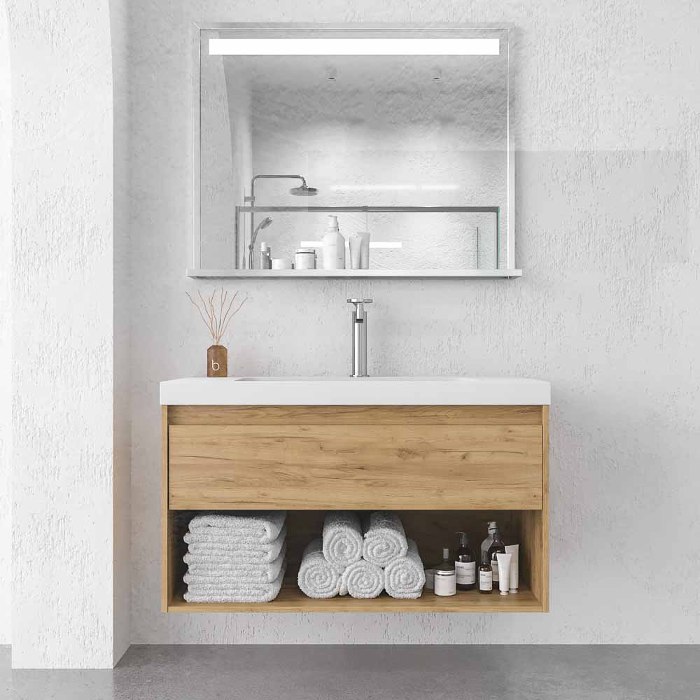 Mueble de baño suspendido 1 cajón / 1 hueco CARMEN con lavabo resina acabado ROBLE CLARO