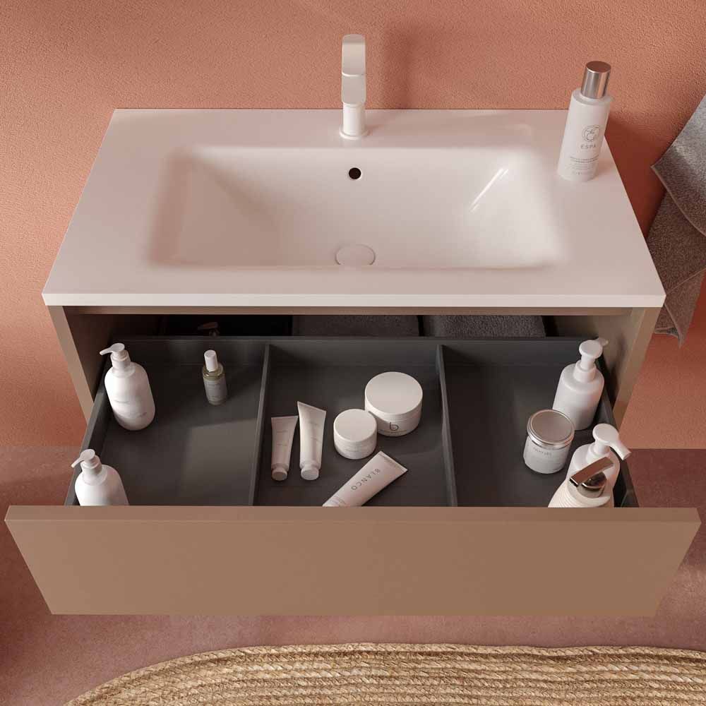 Mueble de baño suspendido 2 cajones CLAIRE con lavabo Solid Surface PARDO PALIDO - Imagen 2