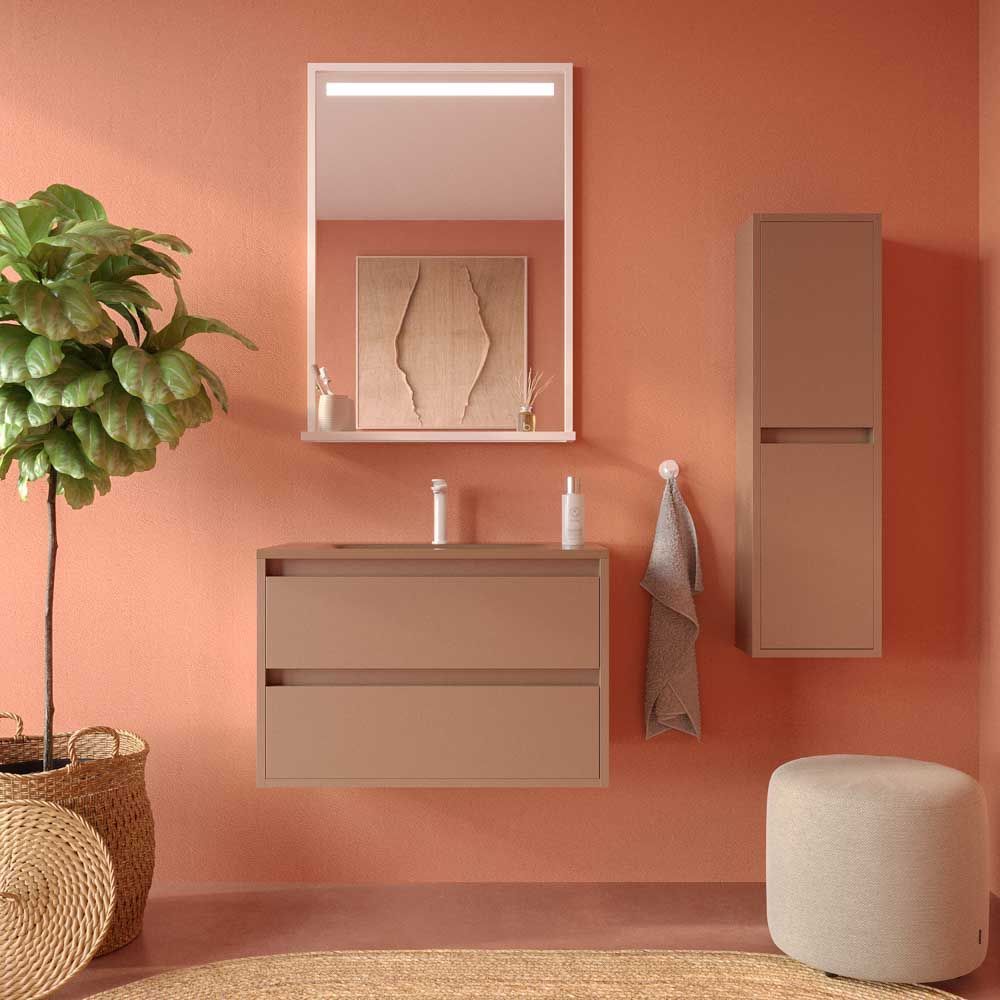 Mueble de baño suspendido 2 cajones CLAIRE con lavabo Solid Surface PARDO PALIDO