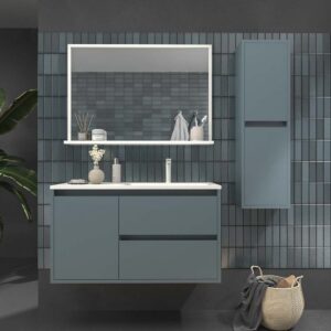 Mueble de baño suspendido 2 cajones / 1 puerta CLAIRE con lavabo Solid Surface GRIS AZULADO
