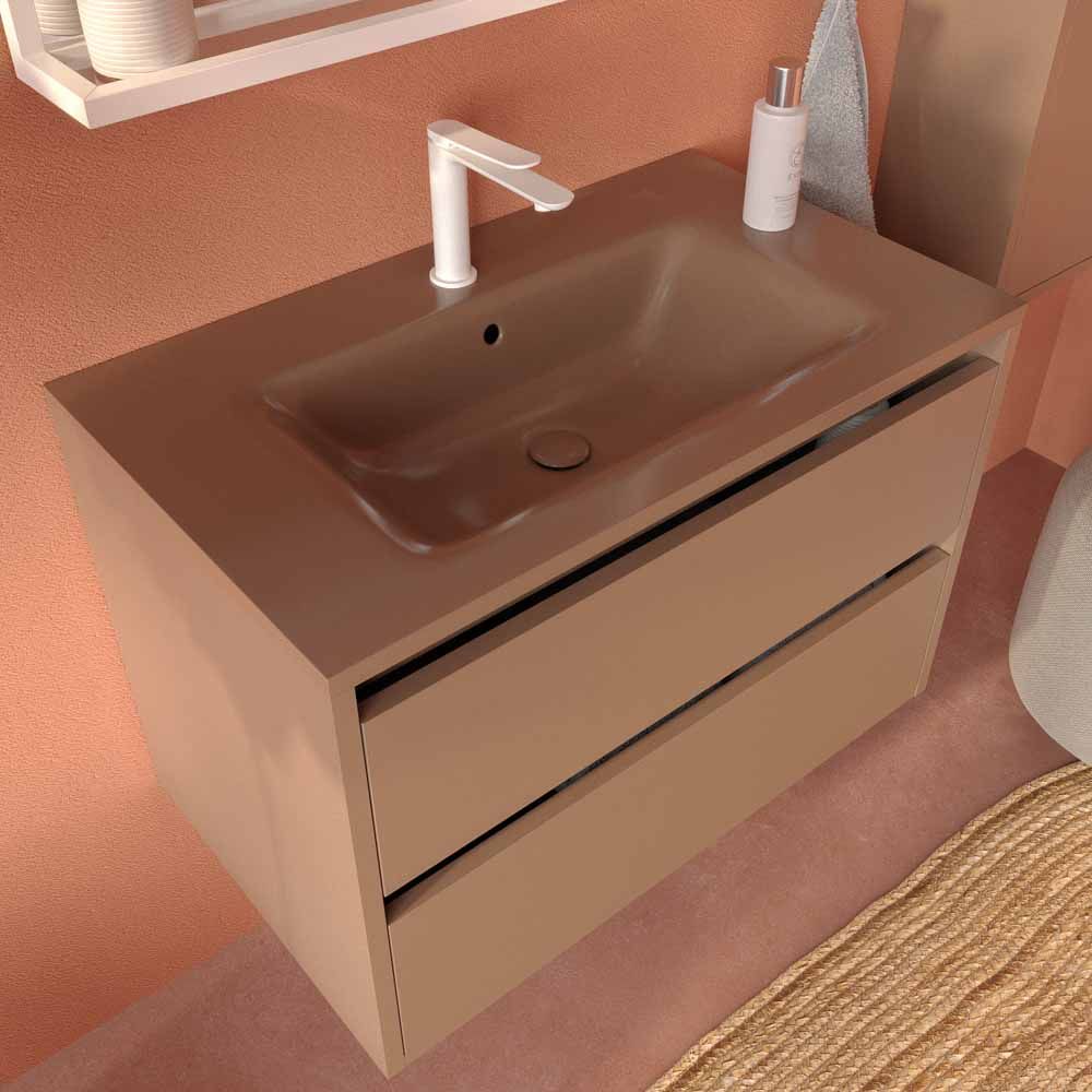 Mueble de baño suspendido 2 cajones CLAIRE con lavabo Solid Surface PARDO PALIDO - Imagen 4