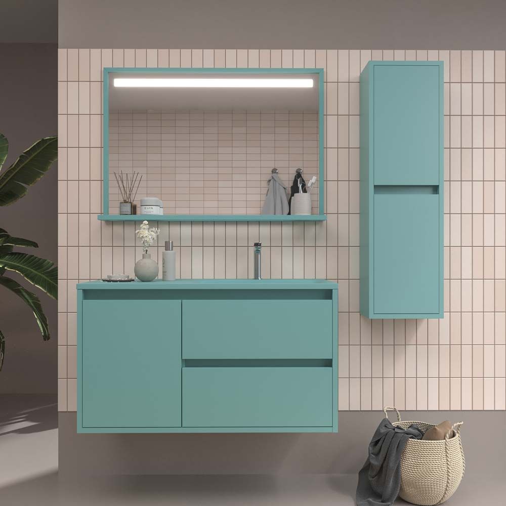 Mueble de baño suspendido 2 cajones / 1 puerta CLAIRE con lavabo Solid Surface TURQUESA