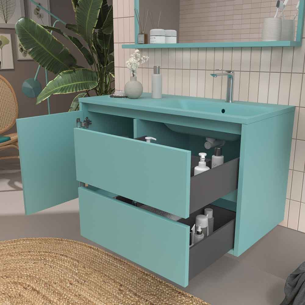 Mueble de baño suspendido 2 cajones / 1 puerta CLAIRE con lavabo Solid Surface TURQUESA - Imagen 3