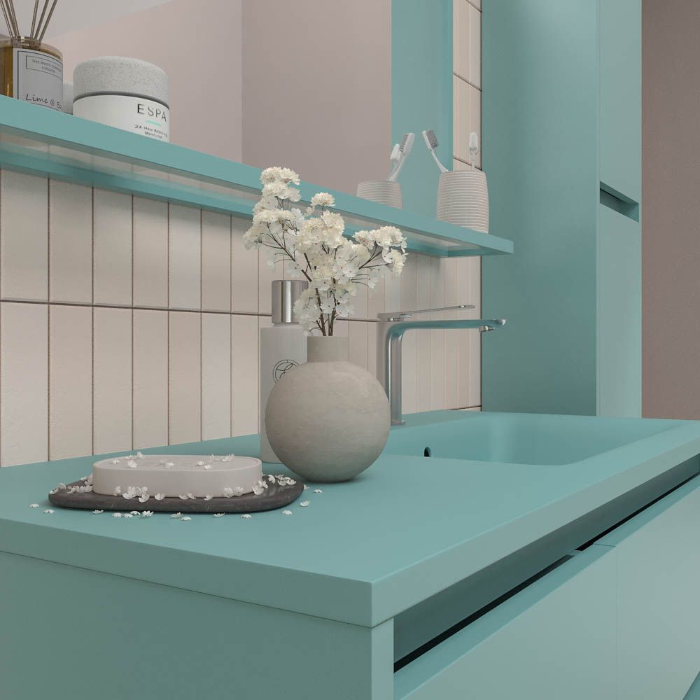 Mueble de baño suspendido 2 cajones / 1 puerta CLAIRE con lavabo Solid Surface TURQUESA - Imagen 2